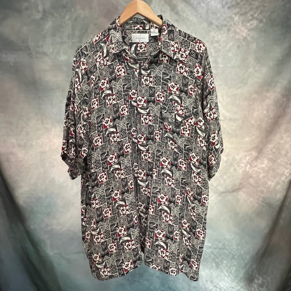 Vintage Bill Blass Silk Hawaiian Shirt Mens 2X Tropical Geometric Print